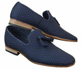 Zapatos de conducir para hombre sin cordones con borlas, estilo casual elegante retro, azul marino, forrados en cuero negro.