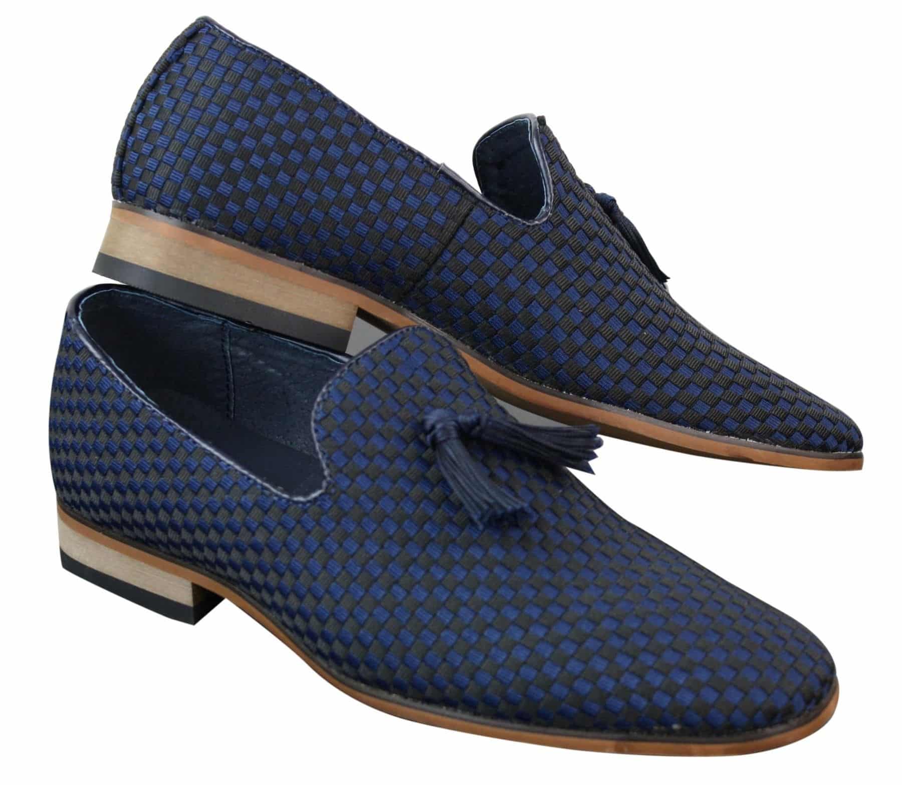 Zapatos de conducir para hombre sin cordones con borlas, estilo casual elegante retro, azul marino, forrados en cuero negro.