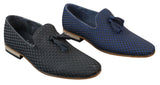 Zapatos de conducir para hombre sin cordones con borlas, estilo casual elegante retro, azul marino, forrados en cuero negro.