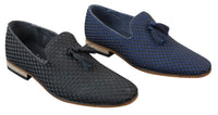 Zapatos de conducir para hombre sin cordones con borlas, estilo casual elegante retro, azul marino, forrados en cuero negro.