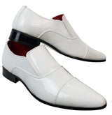 Zapatos elegantes formales para hombre, sin cordones, blancos, de charol brillante, forrados en cuero italiano.