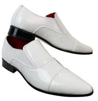 Zapatos elegantes formales para hombre, sin cordones, blancos, de charol brillante, forrados en cuero italiano.