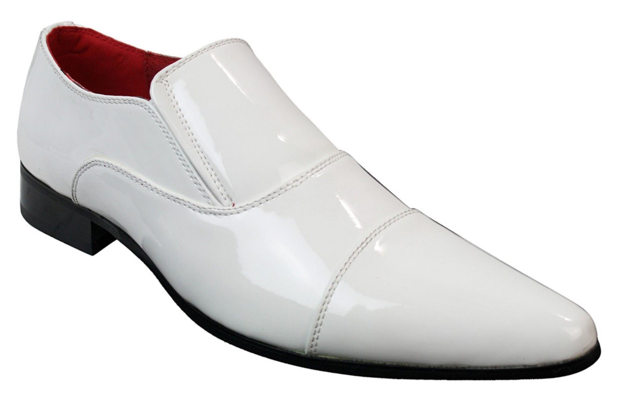 Zapatos elegantes formales para hombre, sin cordones, blancos, de charol brillante, forrados en cuero italiano.