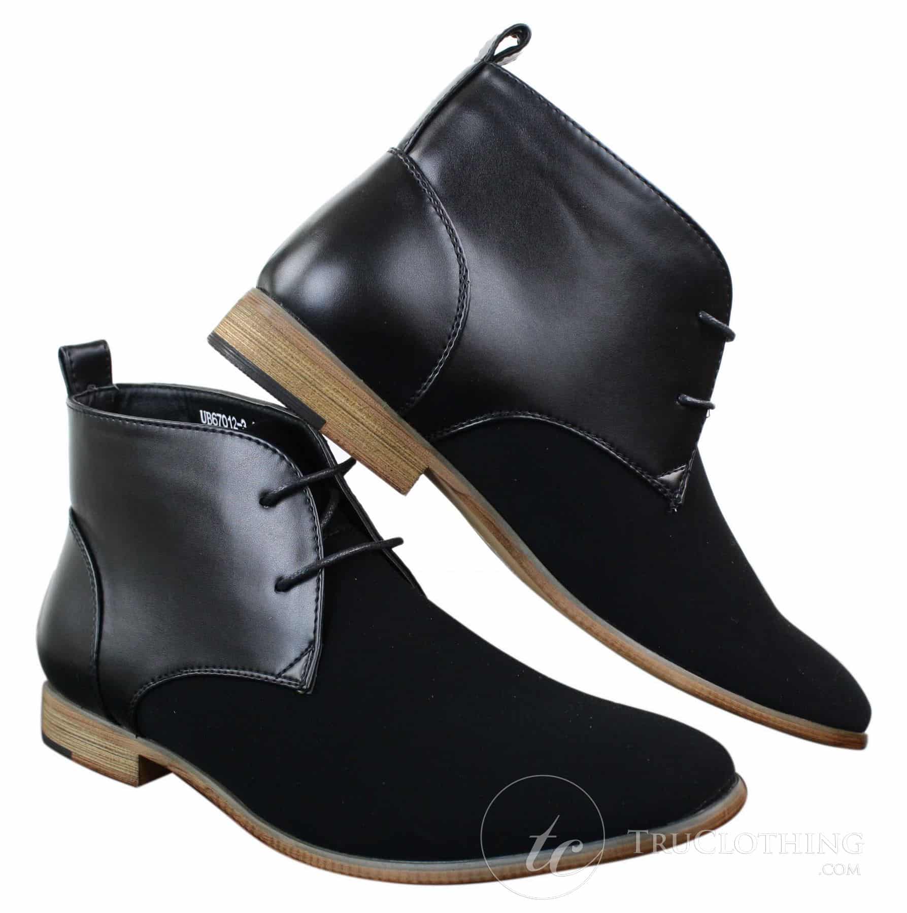 Botines Chelsea de ante negro con cordones para hombre, estilo casual elegante y formal.