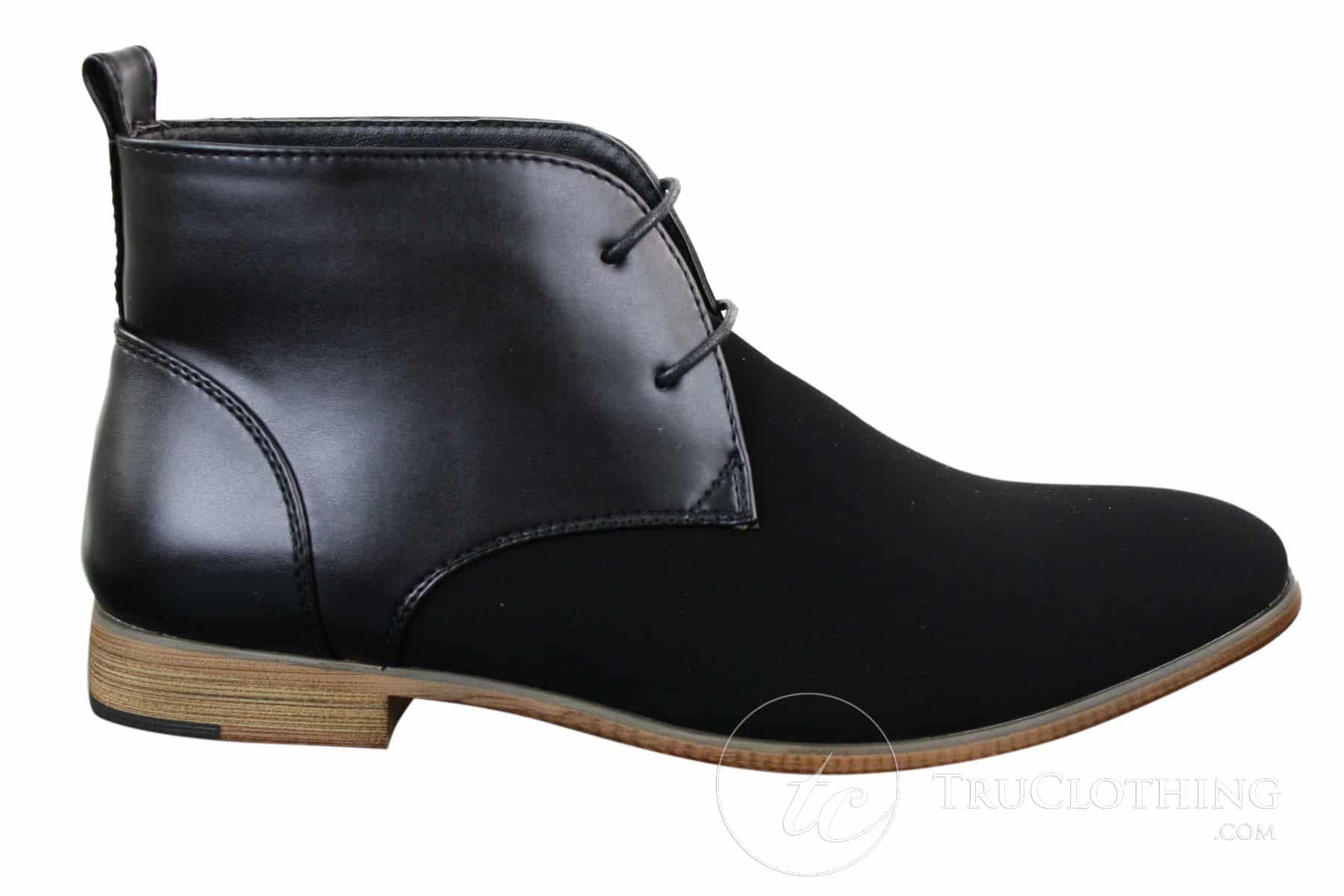 Botines Chelsea de ante negro con cordones para hombre, estilo casual elegante y formal.