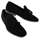 Mocasines de ante para hombre, zapatos de conducir, sin cordones, diseño con borla, línea de cuero, negro, cómodos