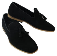 Mocasines de ante para hombre, zapatos de conducir, sin cordones, diseño con borla, línea de cuero, negro, cómodos