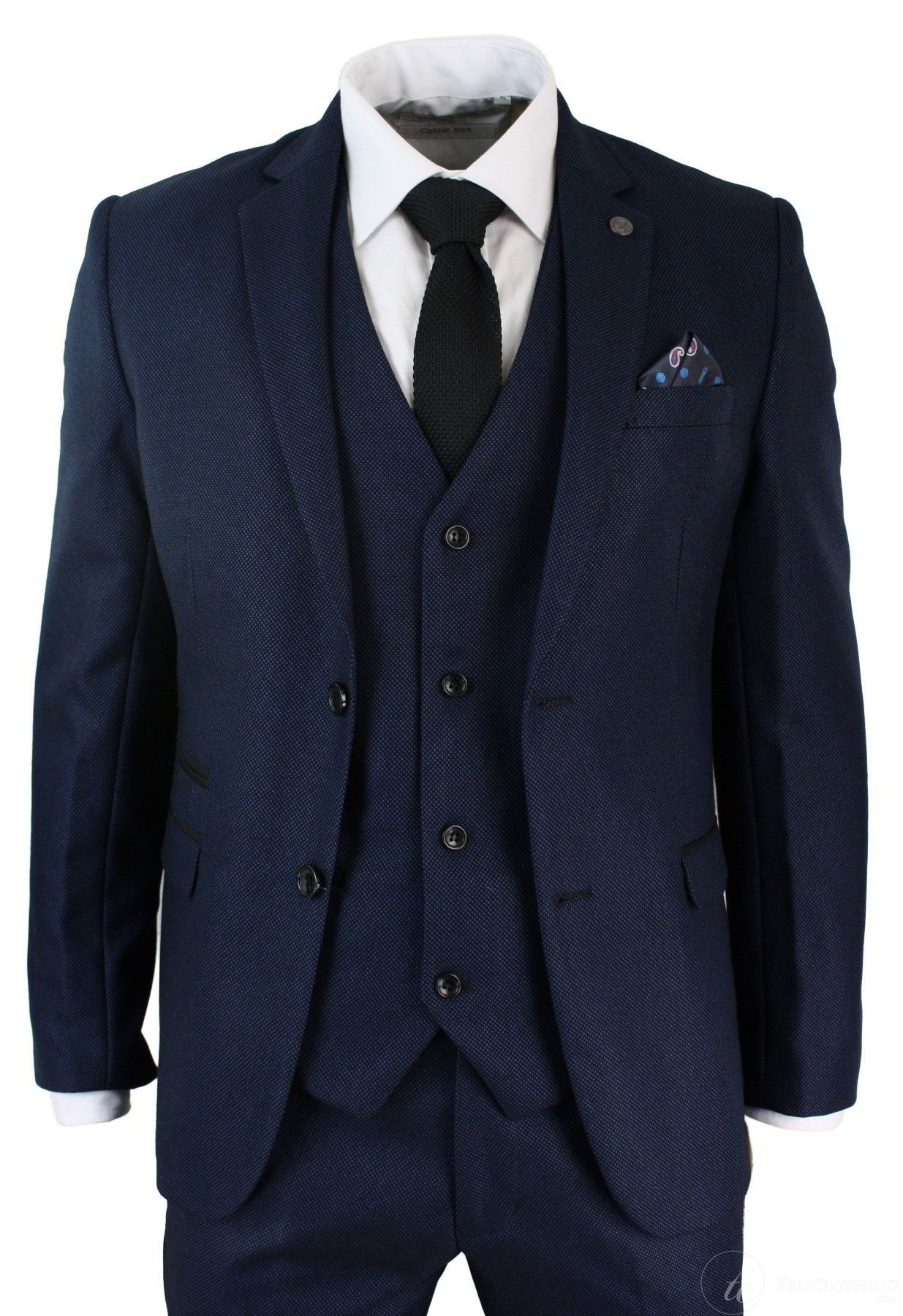 Traje de hombre de 3 piezas, elegante y formal, azul y negro, de diseñador, para bodas y fiestas.