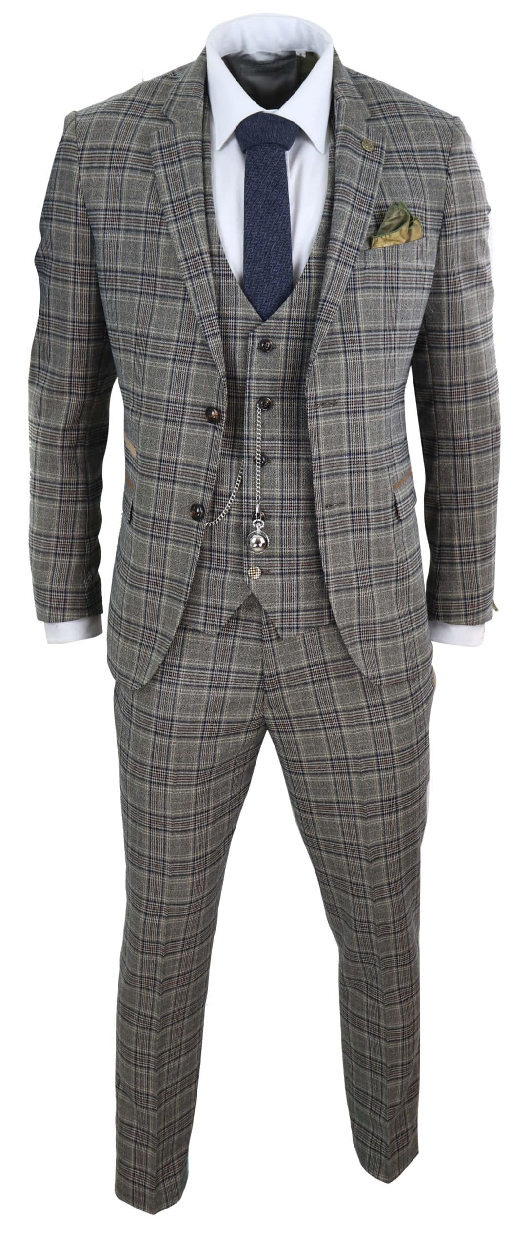 Traje de tres piezas gris a cuadros para hombre