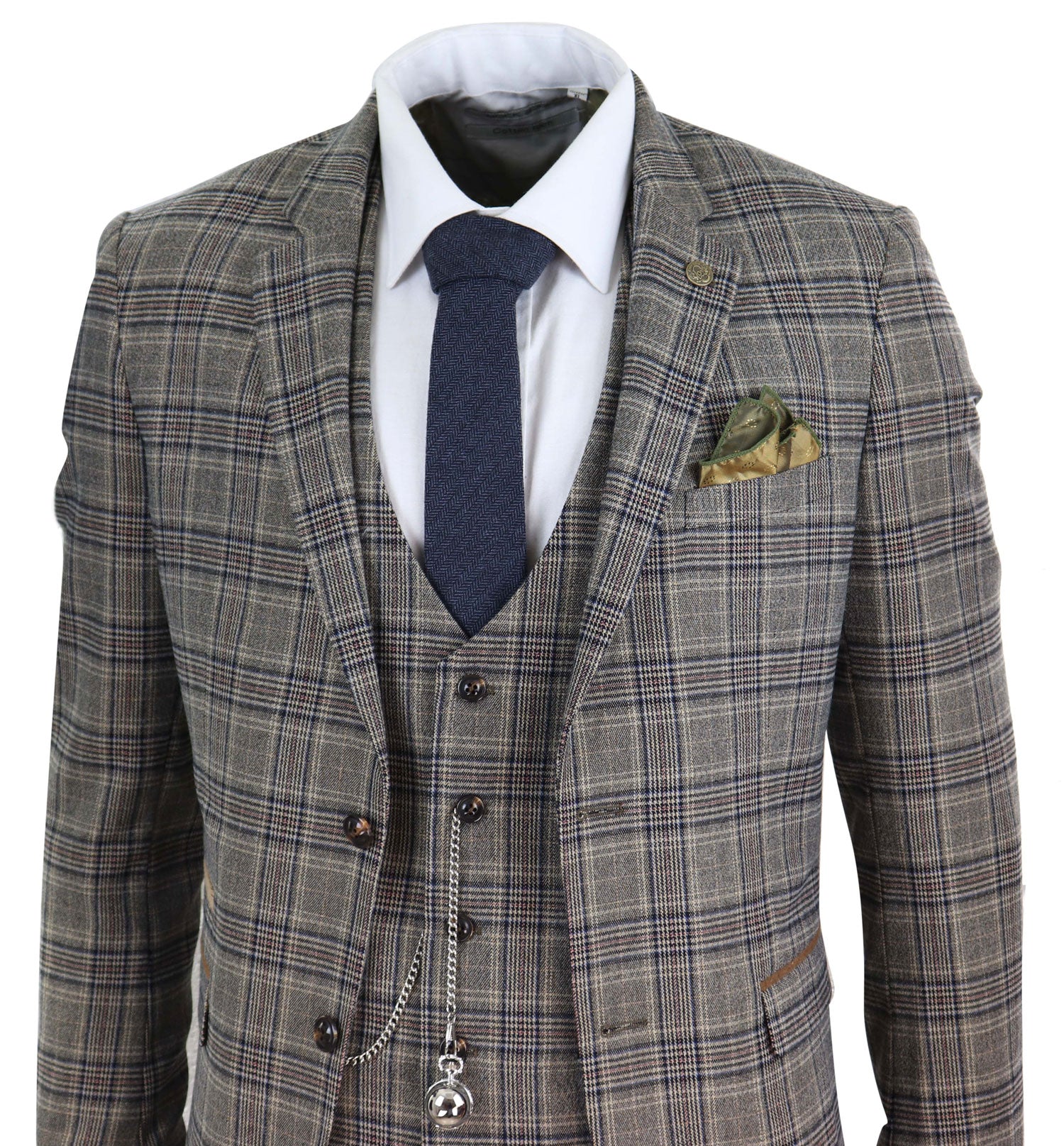 Traje de tres piezas gris a cuadros para hombre