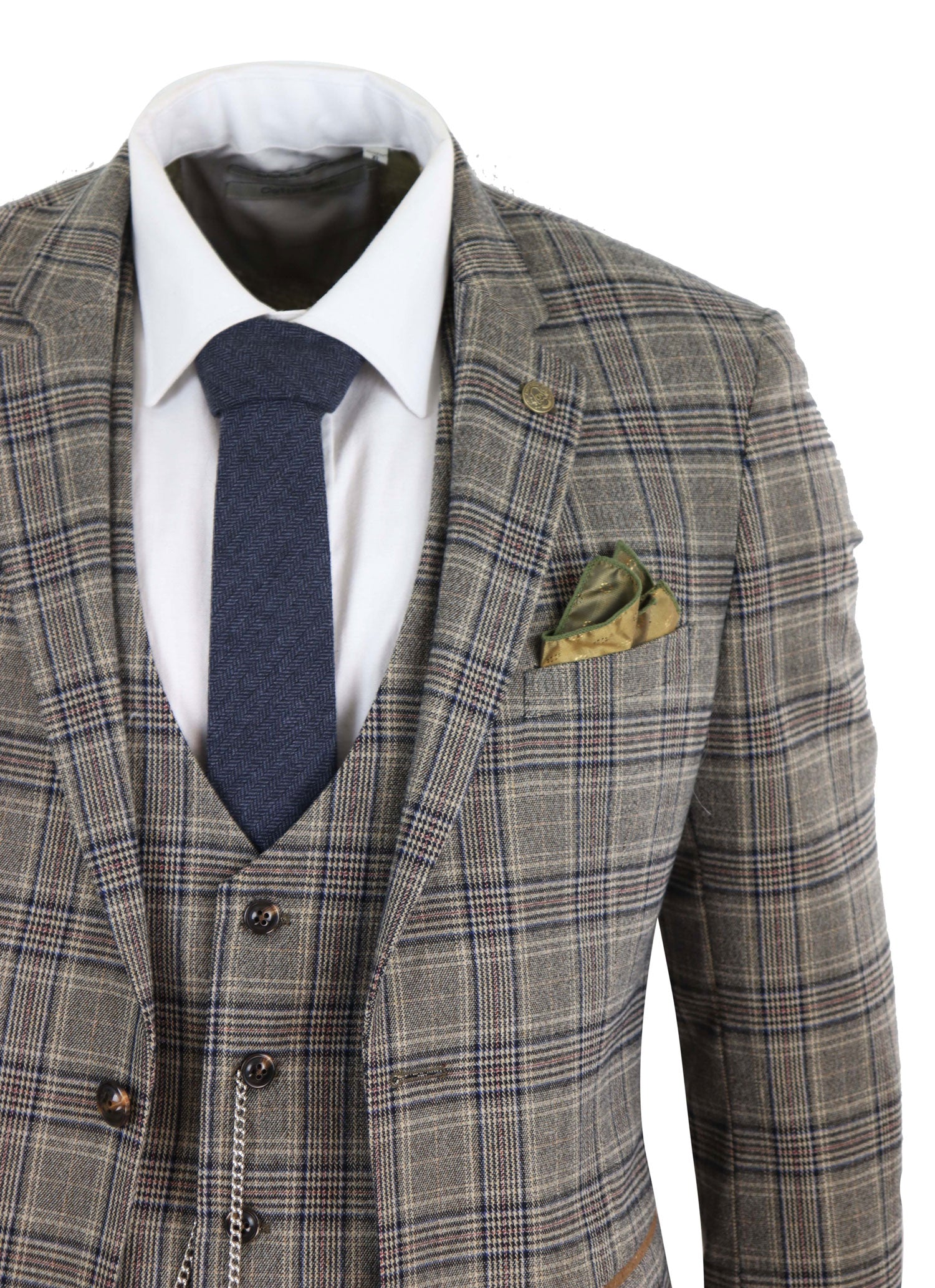 Traje de tres piezas gris a cuadros para hombre