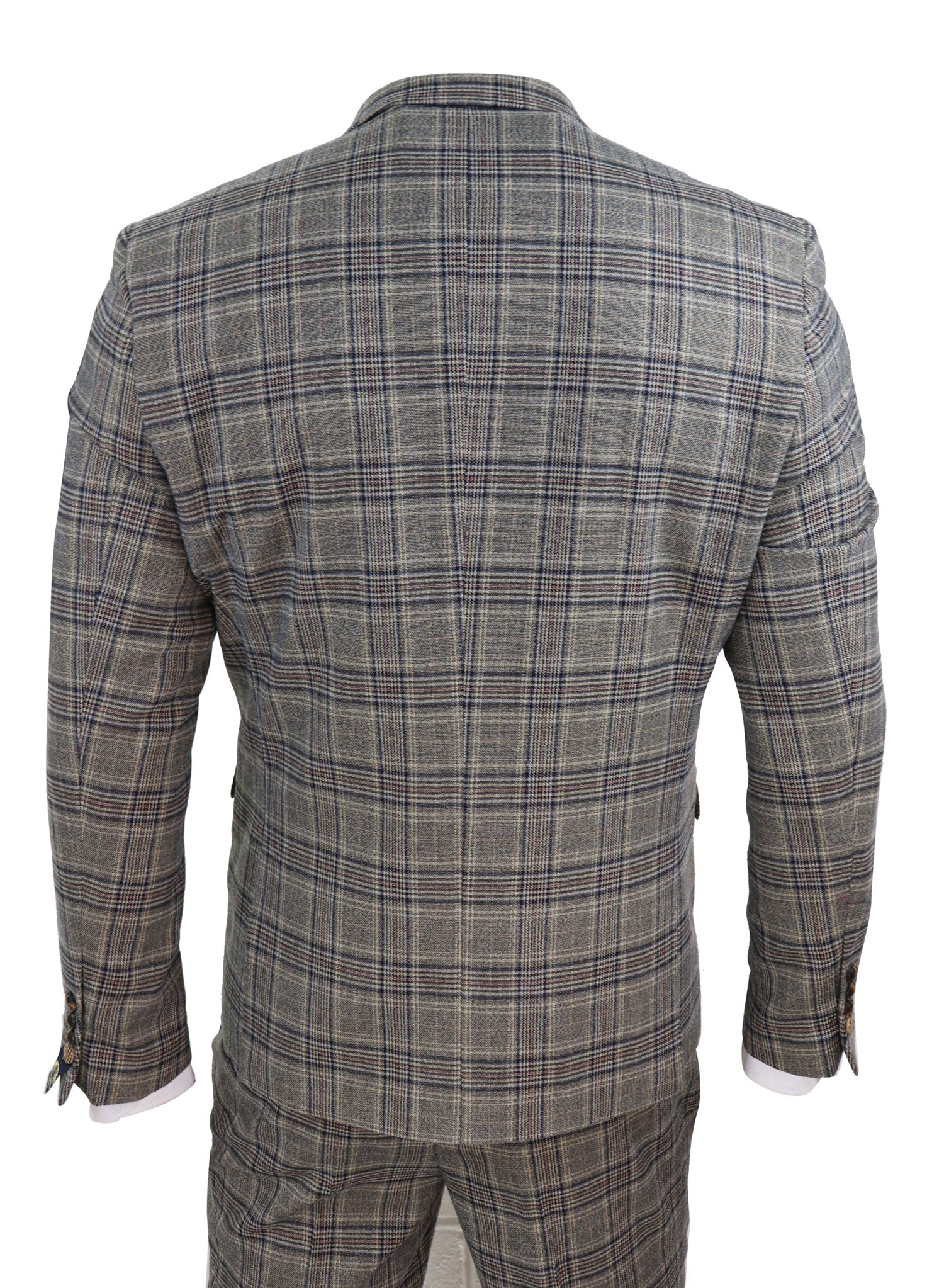 Traje de tres piezas gris a cuadros para hombre