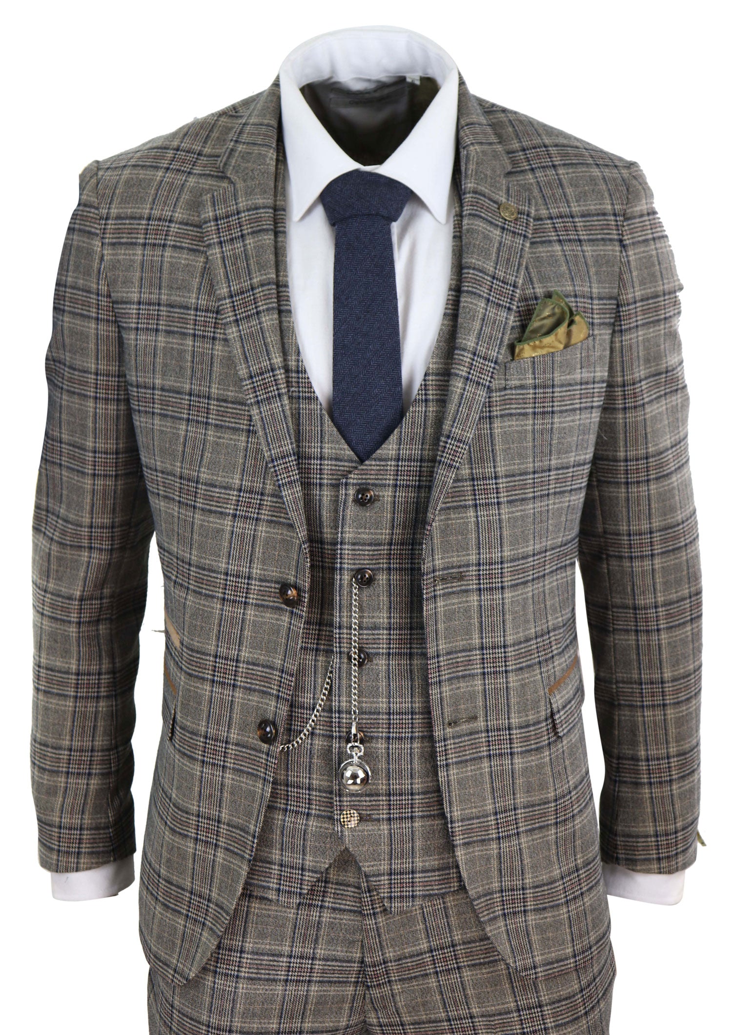 Traje de tres piezas gris a cuadros para hombre