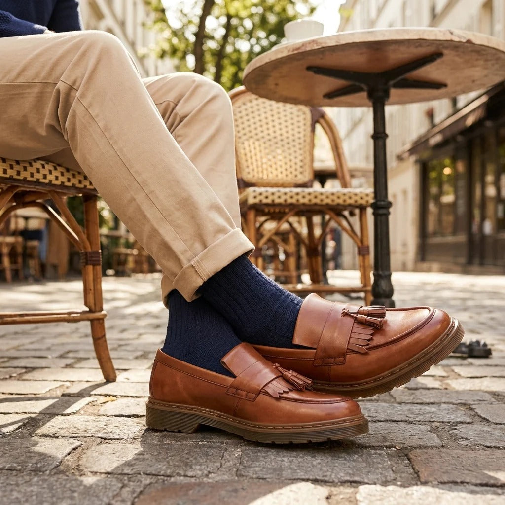 Zapatos mocasines de hombre de cuero marrón claro con suela gruesa y borlas.