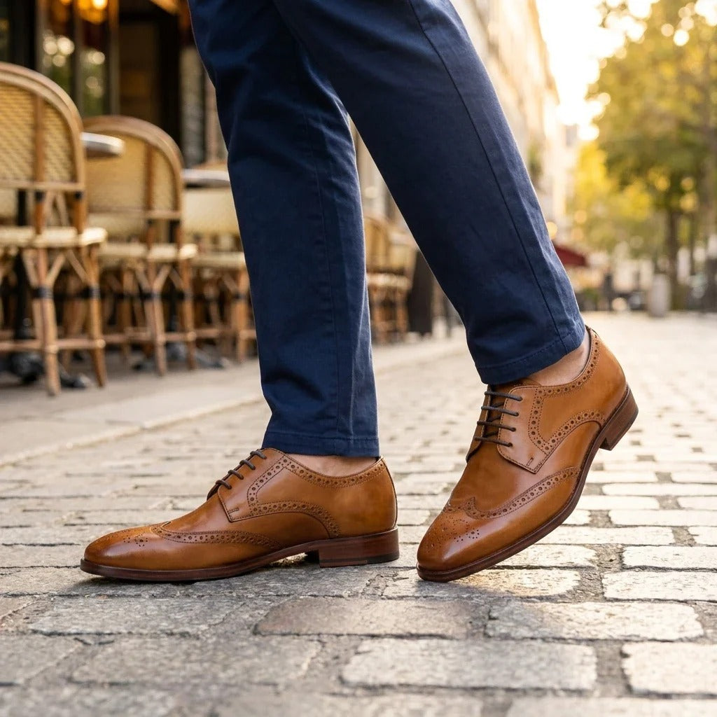 Zapatos brogue clásicos formales con cordones para hombre, de cuero marrón claro.
