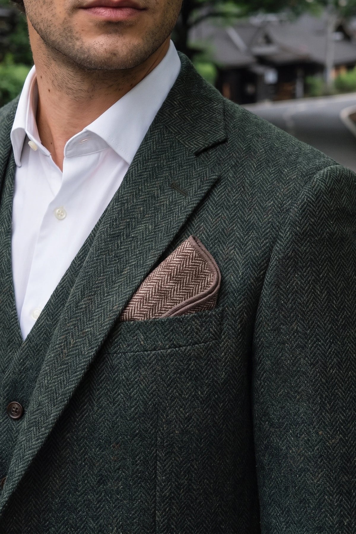 Pañuelo de bolsillo para hombre de mezcla de lana y tweed color topo.