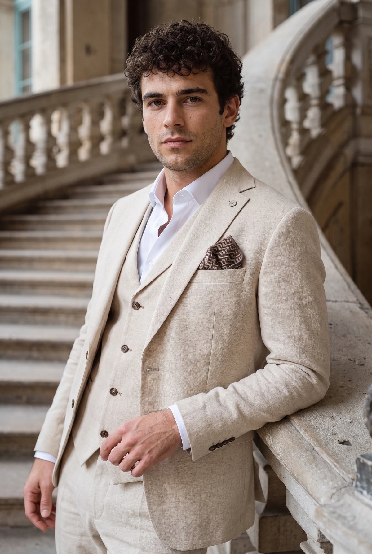 Pañuelo de bolsillo para hombre de mezcla de lana y tweed color topo.