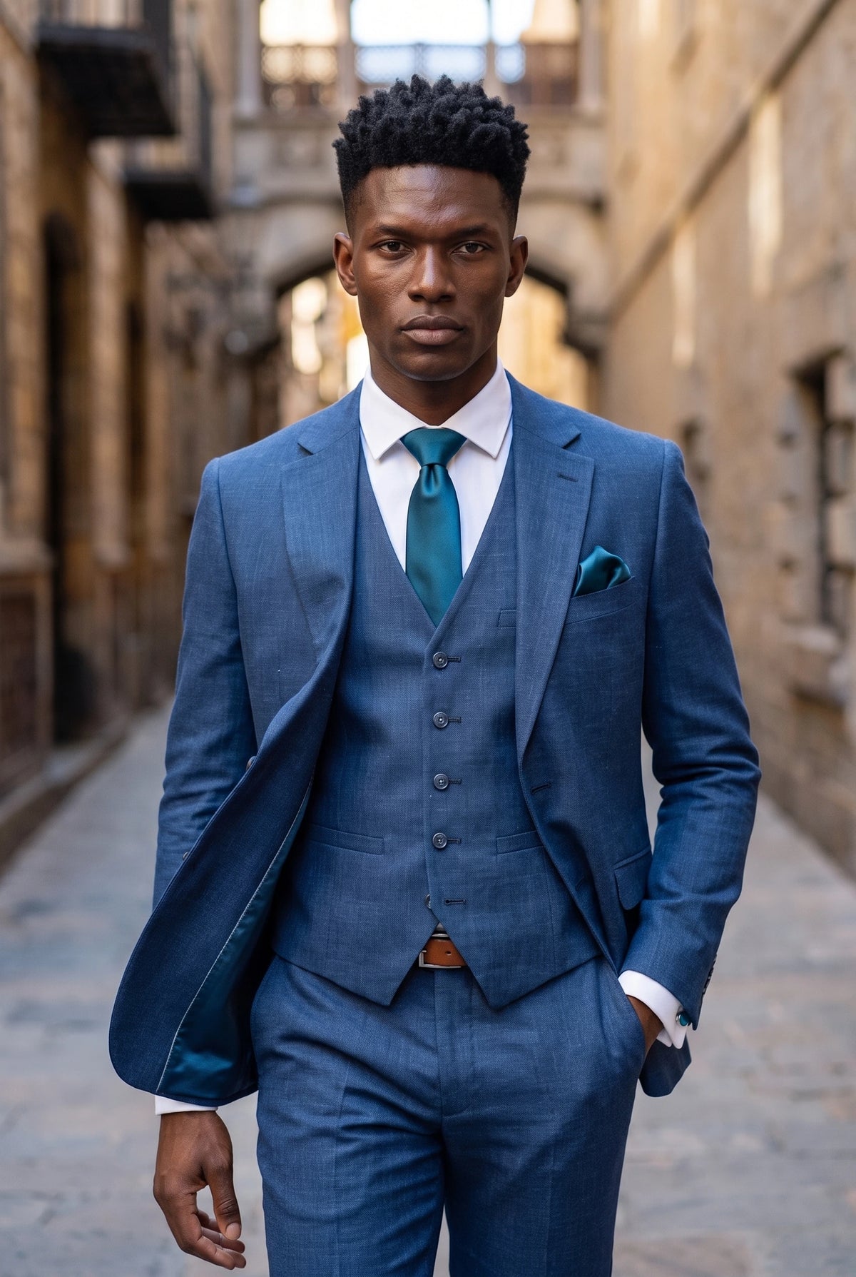 Conjunto de corbata turquesa para hombre con pañuelo de bolsillo y gemelos.