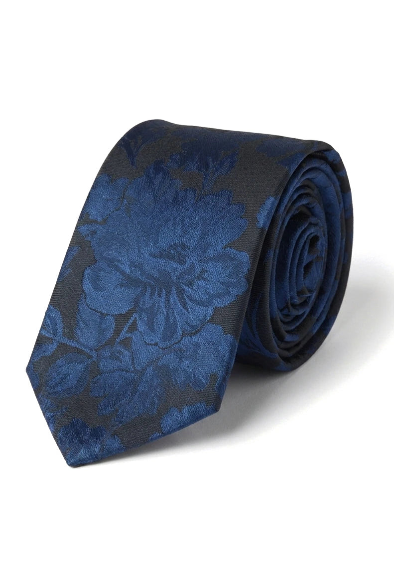 Conjunto de corbata y pañuelo de bolsillo para hombre, corbata formal floral - Azul marino
