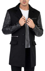 Abrigo de lana de cachemira y tweed para hombre con mangas de cuero auténtico, color negro - B213