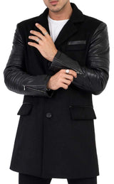 Abrigo de lana de cachemira y tweed para hombre con mangas de cuero auténtico, color negro - B213