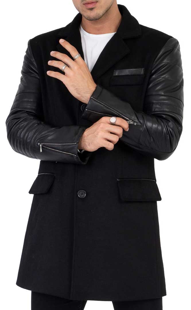 Abrigo de lana de cachemira y tweed para hombre con mangas de cuero auténtico, color negro - B213