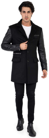 Abrigo de lana de cachemira y tweed para hombre con mangas de cuero auténtico, color negro - B213