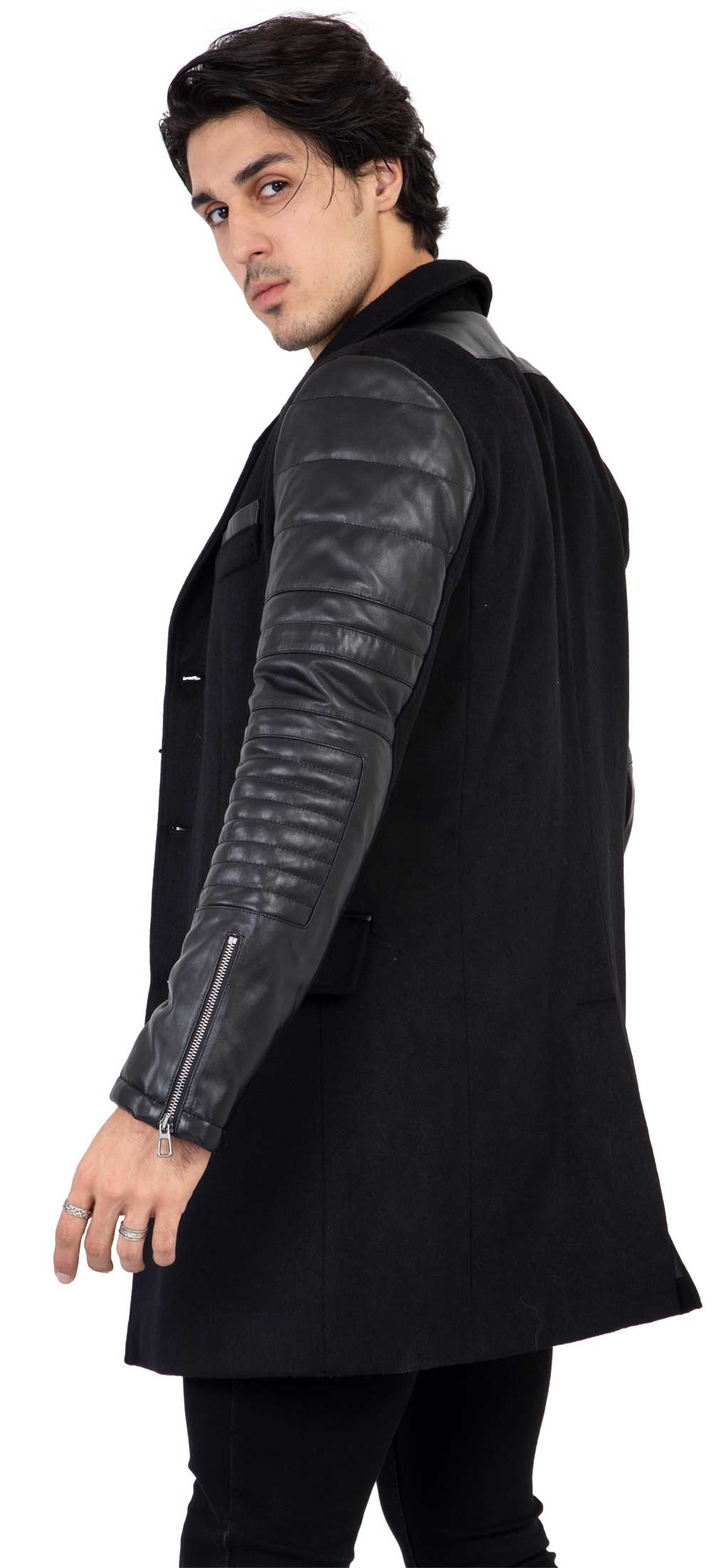 Abrigo de lana de cachemira y tweed para hombre con mangas de cuero auténtico, color negro - B213