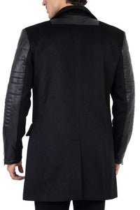 Abrigo de lana de cachemira y tweed para hombre con mangas de cuero auténtico, color negro - B213