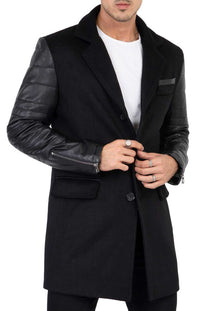 Abrigo de lana de cachemira y tweed para hombre con mangas de cuero auténtico, color negro - B213