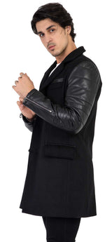 Abrigo de lana de cachemira y tweed para hombre con mangas de cuero auténtico, color negro - B213