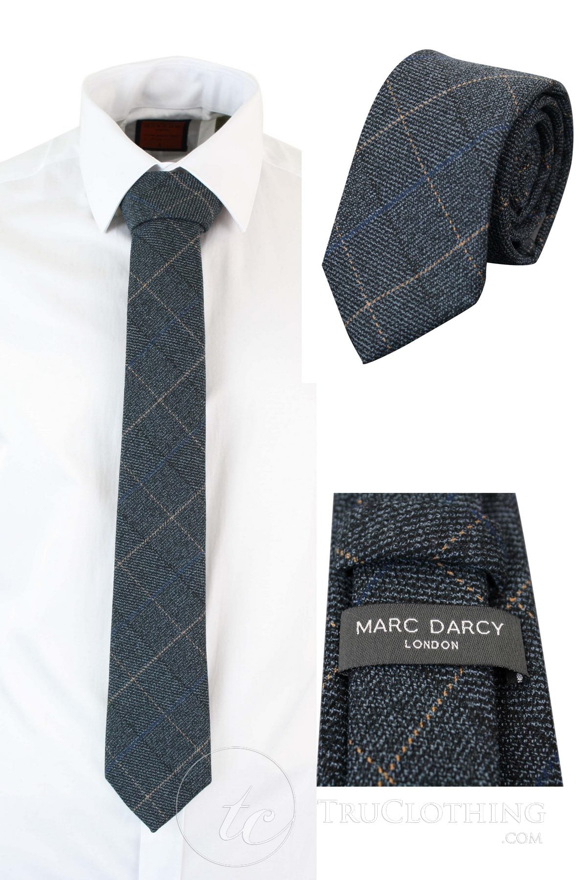 Corbatas Marc Darcy para hombre, tweed con textura de espiga, estilo clásico vintage retro, color azul Scott.