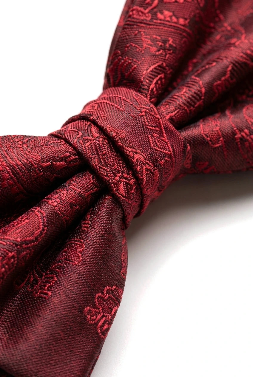 Set de regalo para hombre: pajarita, pañuelo de bolsillo, gemelos y corbata de moño color vino.