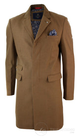 Abrigo de invierno para hombre, gabardina 3/4, espiga, largo, ribete de terciopelo, botones, color tostado.