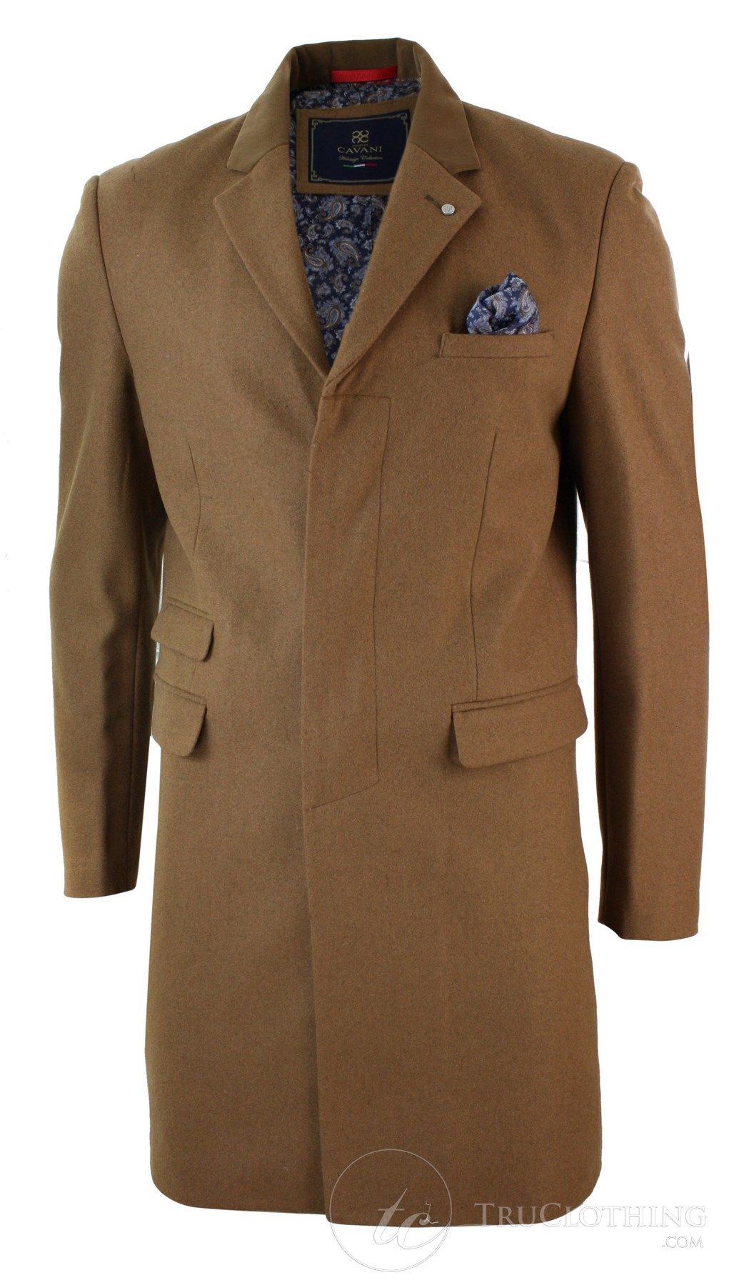 Abrigo de invierno para hombre, gabardina 3/4, espiga, largo, ribete de terciopelo, botones, color tostado.