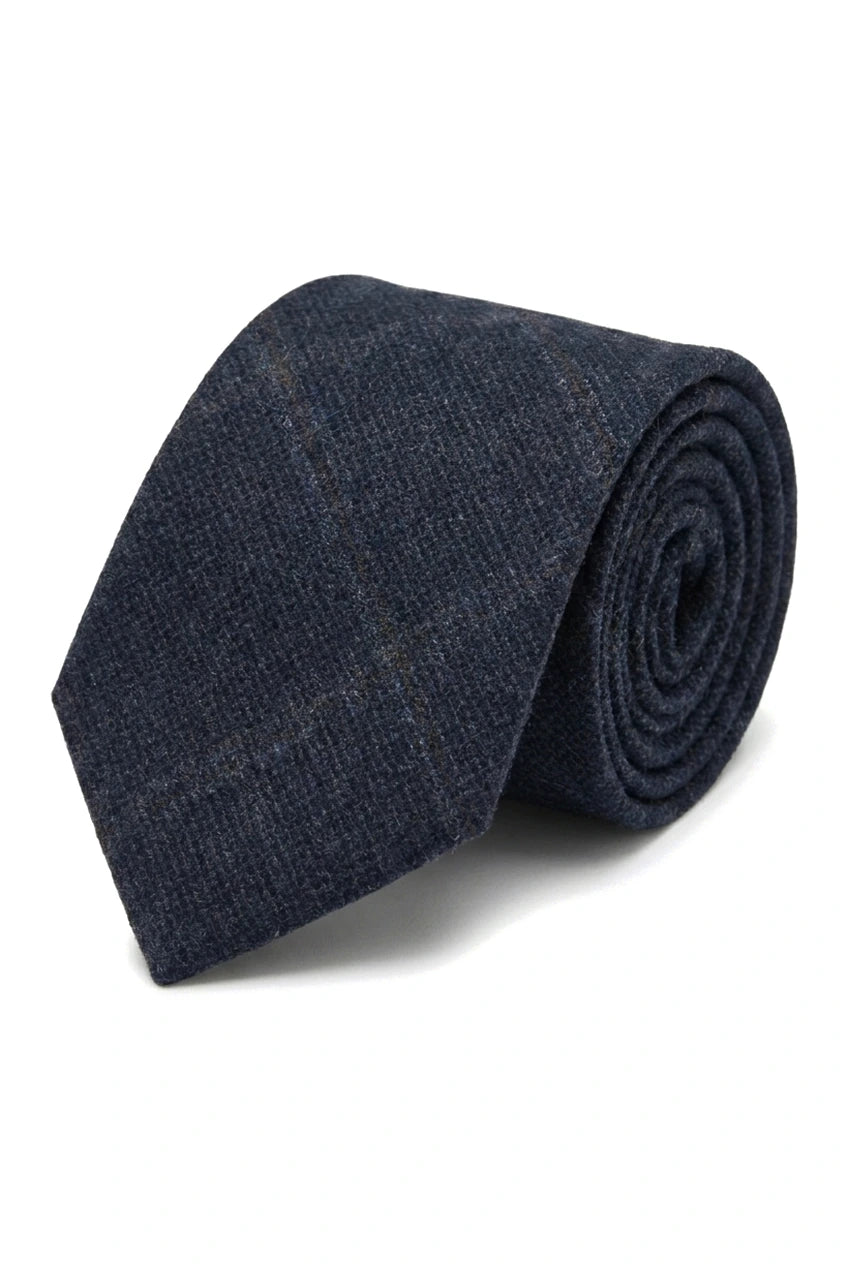 Corbata de tweed a cuadros de espiga de mezcla de lana para hombre - Azul marino