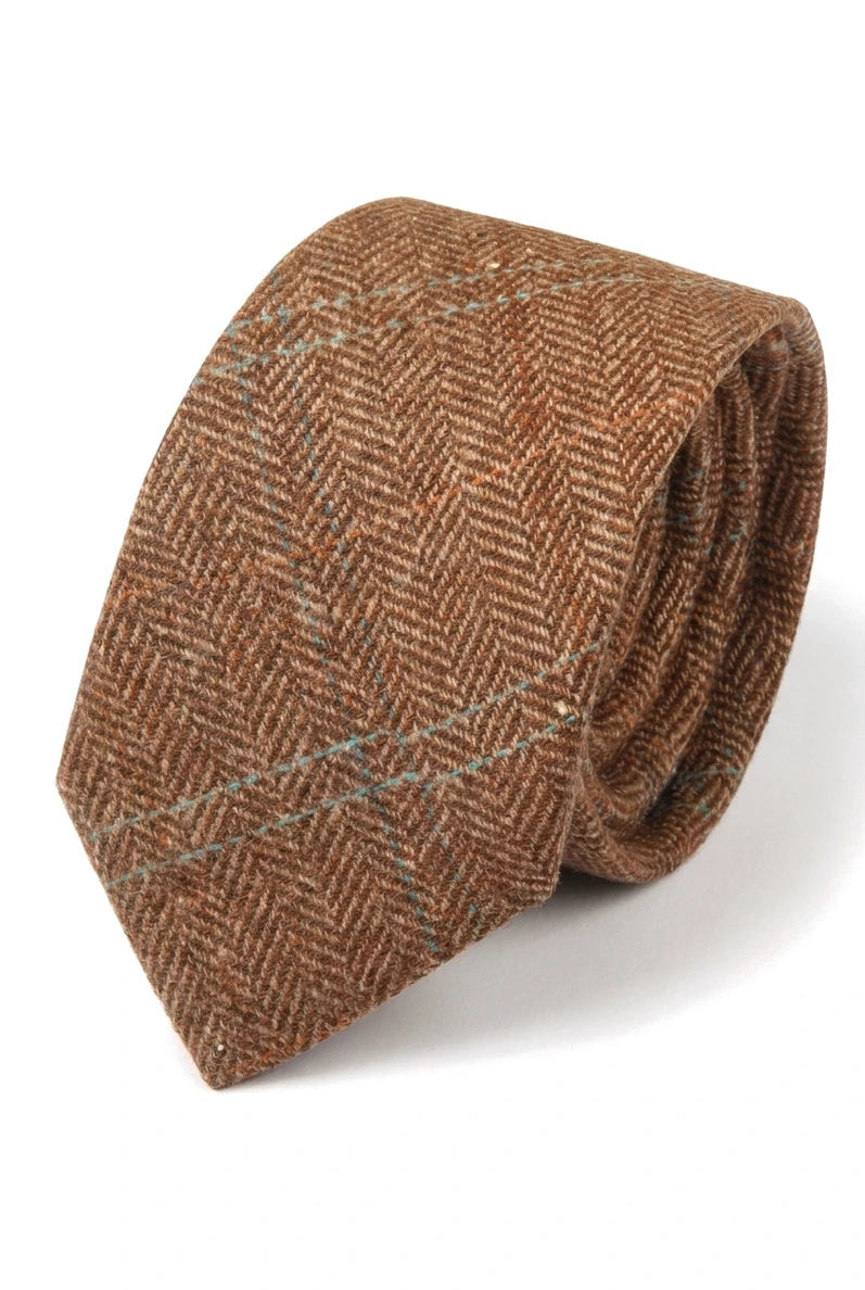 Corbata de tweed a cuadros de espiga de mezcla de lana para hombre - Roble