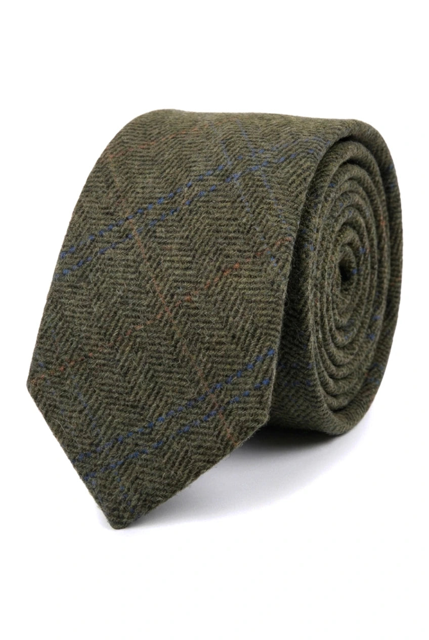 Corbata de tweed a cuadros de espiga de mezcla de lana para hombre - Oliva