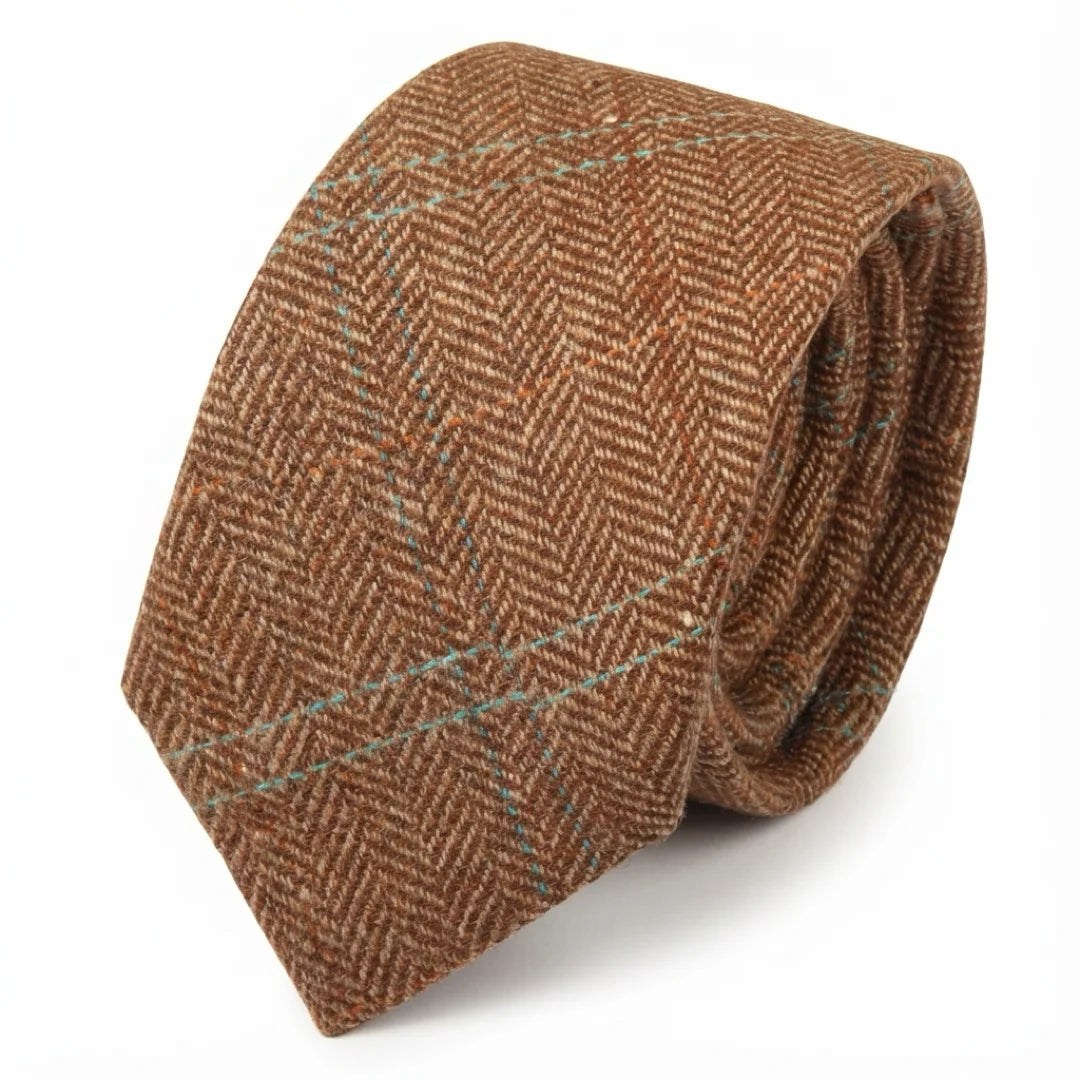 Corbata de tweed a cuadros de espiga de mezcla de lana para hombre - Roble