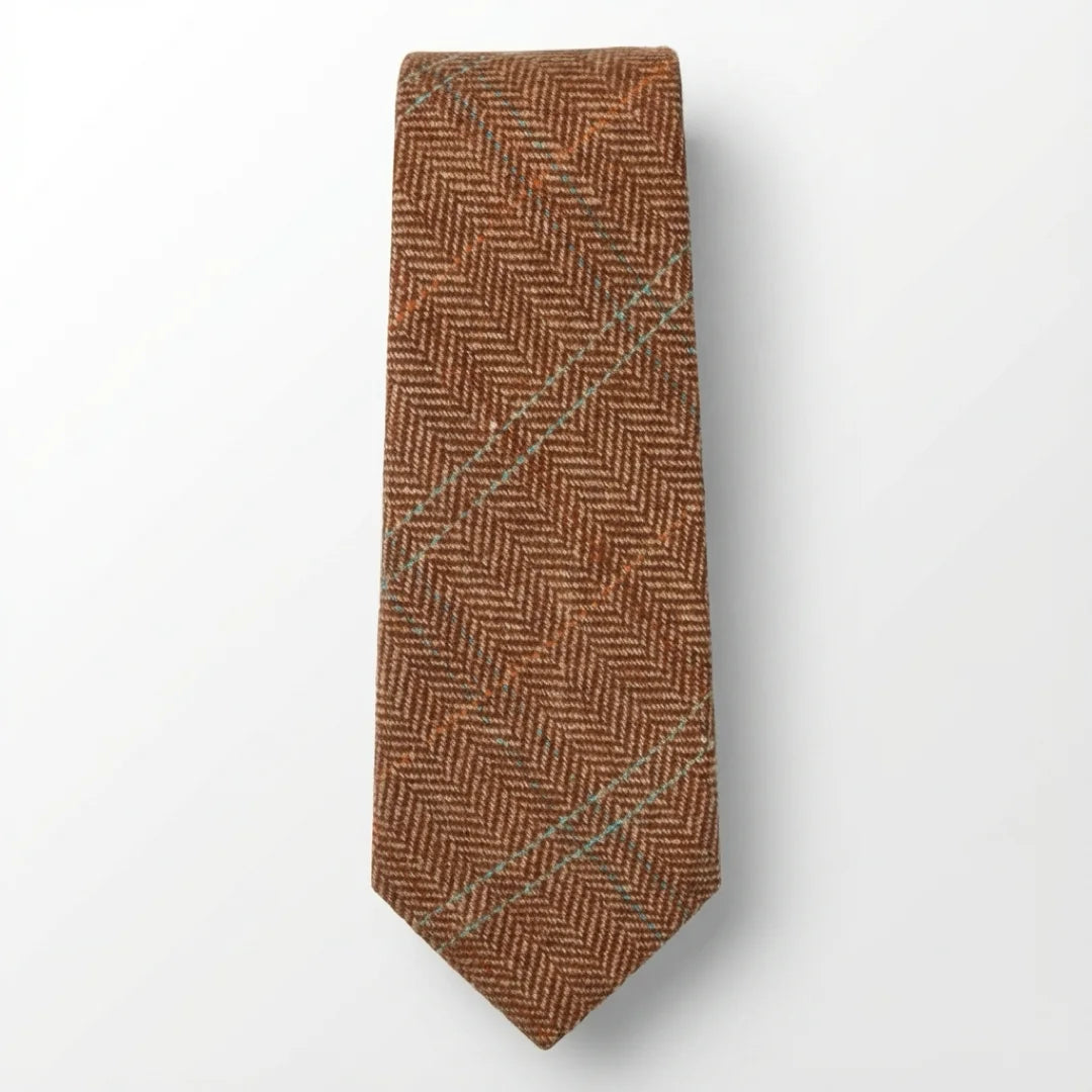 Corbata de tweed a cuadros de espiga de mezcla de lana para hombre - Roble
