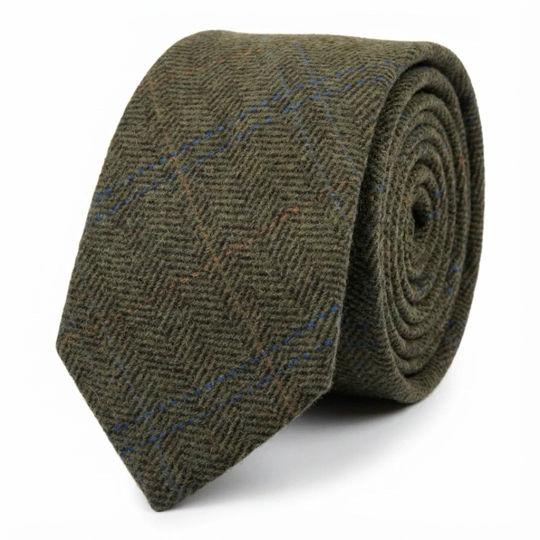 Corbata de tweed a cuadros de espiga de mezcla de lana para hombre - Oliva