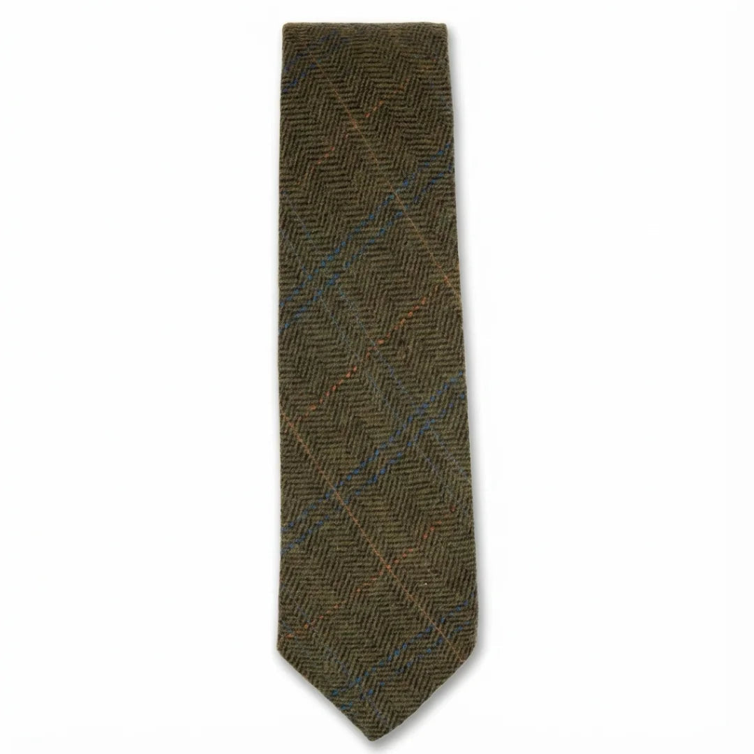 Corbata de tweed a cuadros de espiga de mezcla de lana para hombre - Oliva