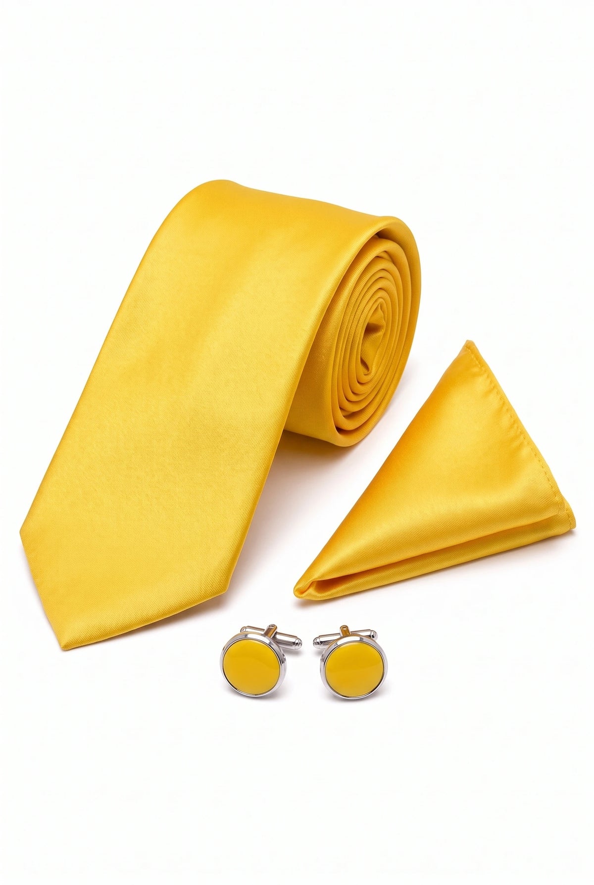 Conjunto de corbata amarilla para hombre con pañuelo de bolsillo y gemelos.