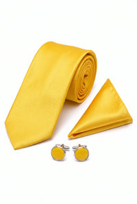 Conjunto de corbata amarilla para hombre con pañuelo de bolsillo y gemelos.