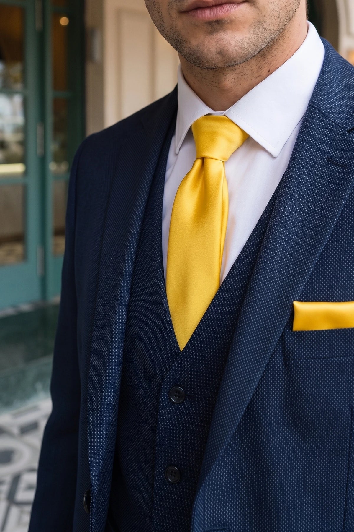 Conjunto de corbata amarilla para hombre con pañuelo de bolsillo y gemelos.