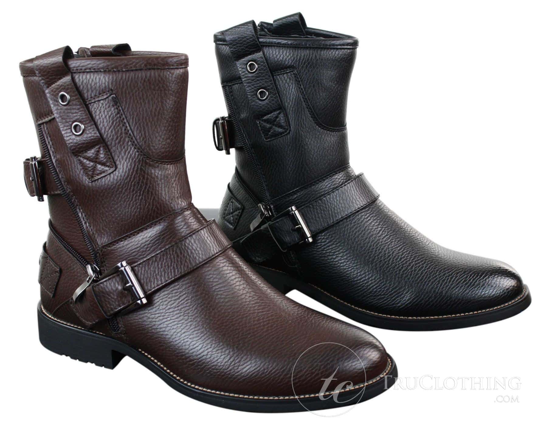Botines de hombre estilo punk rock gótico emo con cremallera y hebilla de cuero marrón y negro.