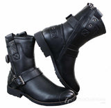 Botines de hombre estilo punk rock gótico emo con cremallera y hebilla de cuero marrón y negro.