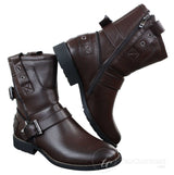 Botines de hombre estilo punk rock gótico emo con cremallera y hebilla de cuero marrón y negro.