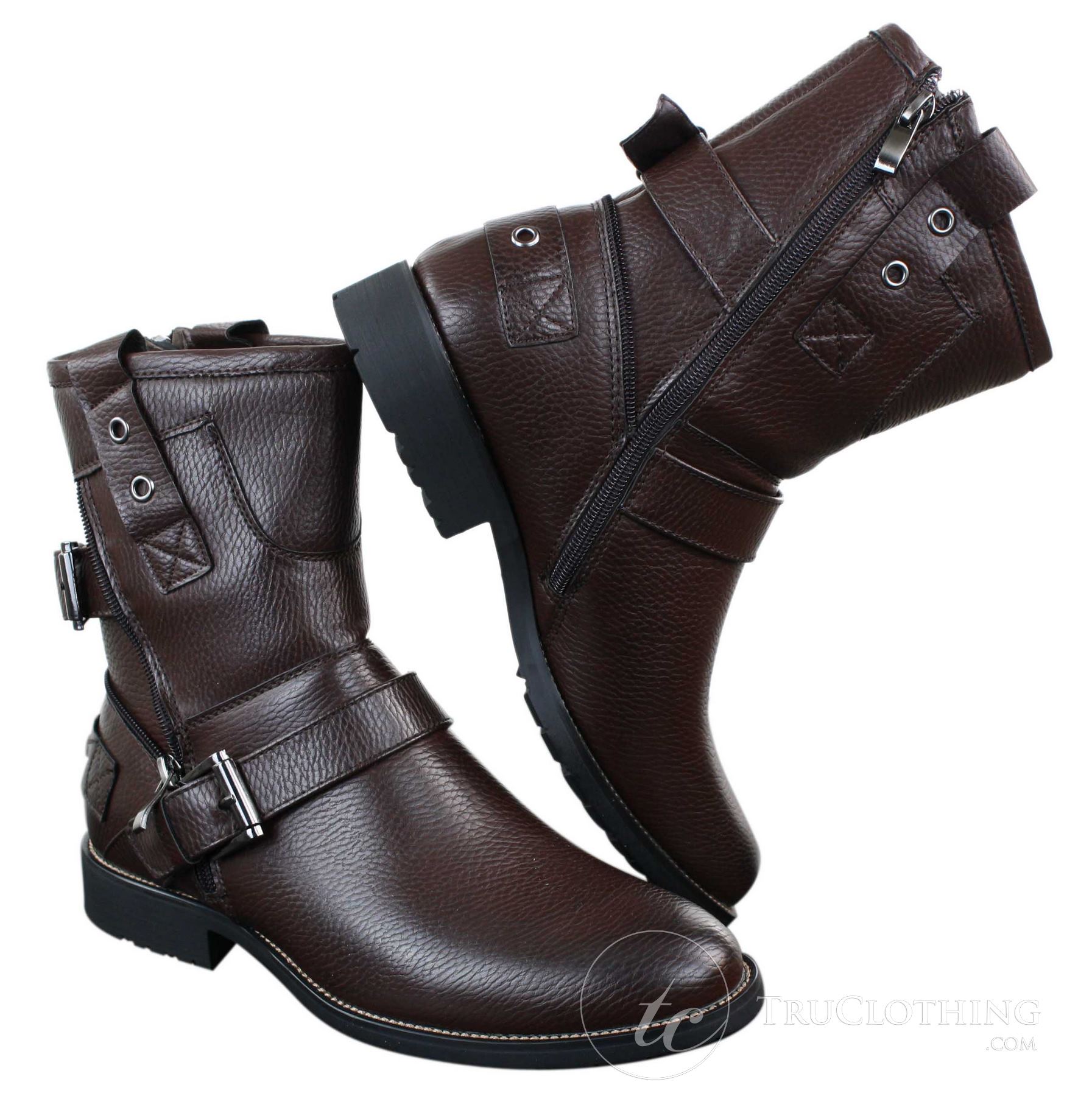 Botines de hombre estilo punk rock gótico emo con cremallera y hebilla de cuero marrón y negro.