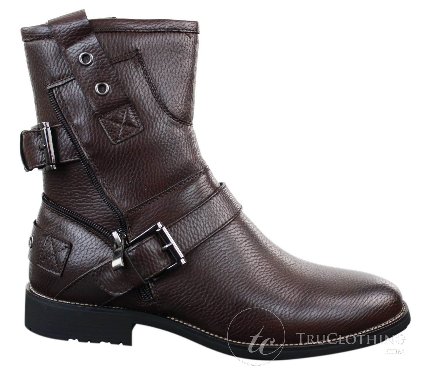 Botines de hombre estilo punk rock gótico emo con cremallera y hebilla de cuero marrón y negro.